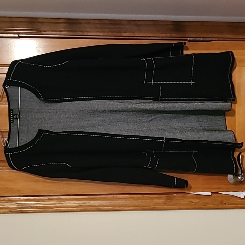 NWT Tribal elegant long open front black sweater with cool white stitching